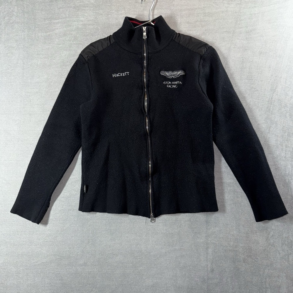 Hackett Aston Martin Racing Black Full Zip Wool‎ Sweater Elbow Patches Youth LG
